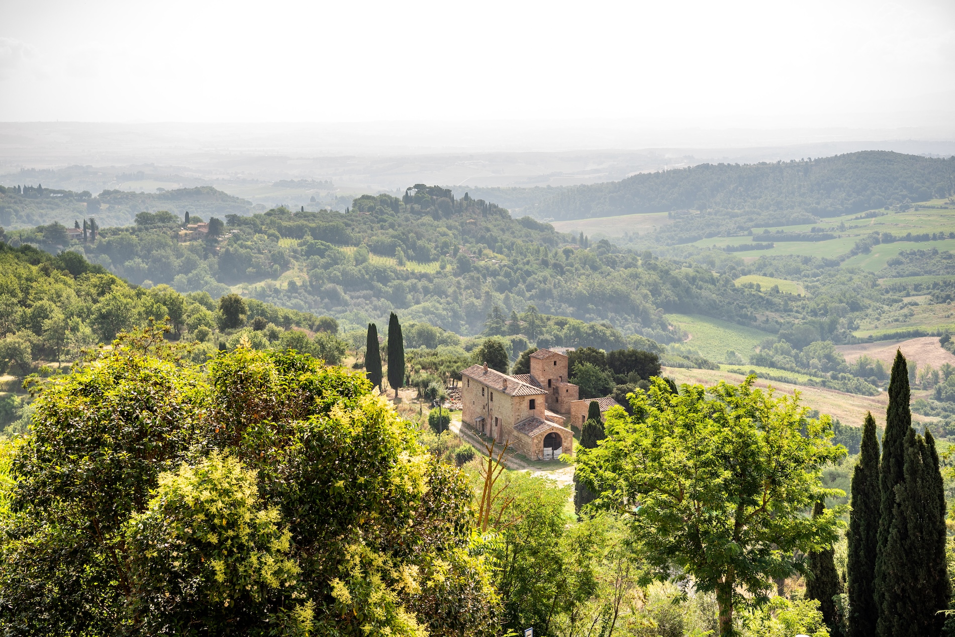 Loop ook even door naar mooie uitkijkpunten: weinig mooiers dan Toscane in de vroege ochtend