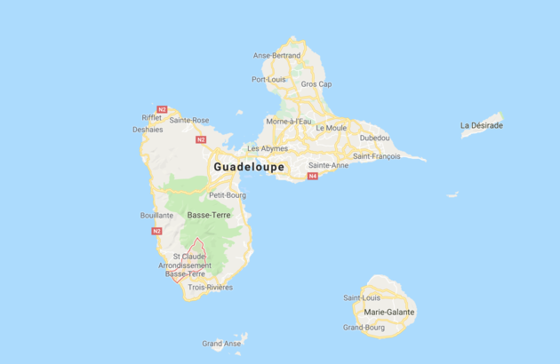 Op de kaart hebben de eilanden Basse-Terre en Grande-Terre de vorm van een vlinder