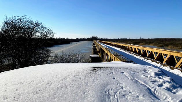 35 pijlers ondersteunen de 585 meter lange brug