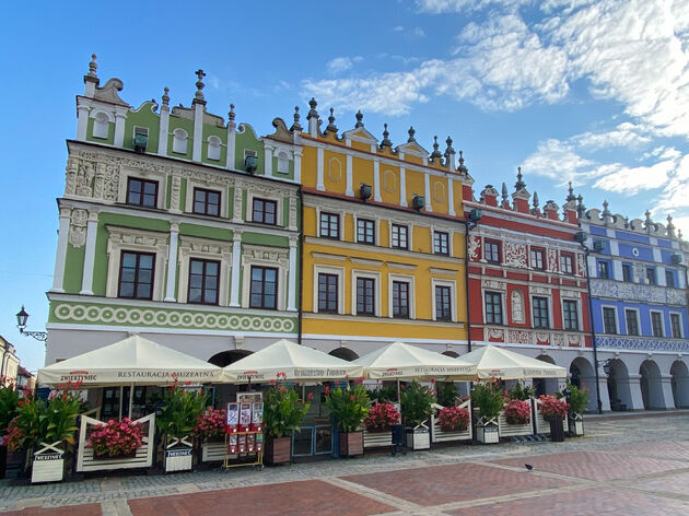 Het centrale plein in Zamosc met de Armeense gevels en het restaurant waar we hebben gegeten.