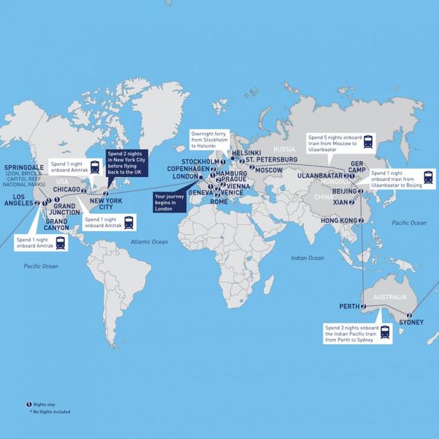 De route van deze epische treinreis rond de wereld  \u00a9 Railbookers