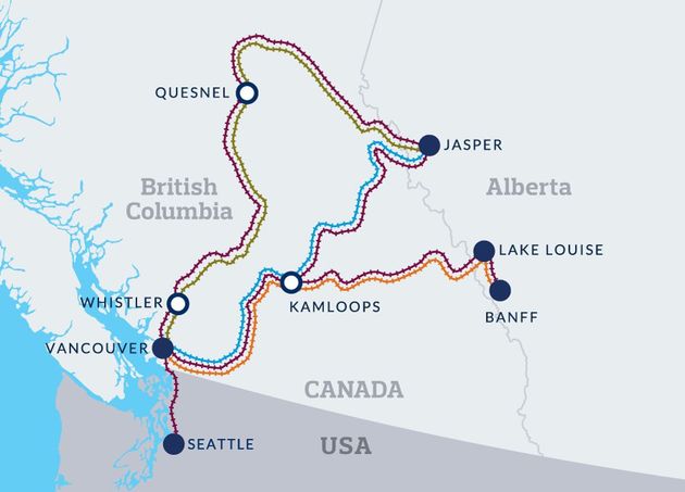 De routes van de Rocky Mountaineer