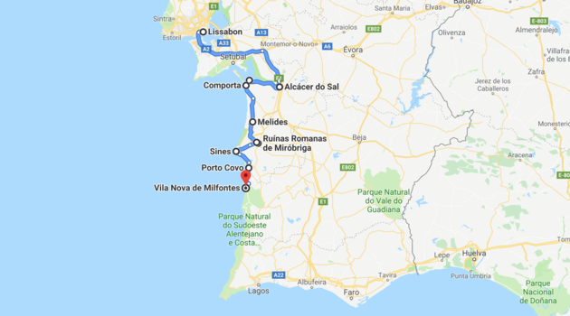 De route van deze roadtrip door Alentejo in Zuid-Portugal, met negen mooie stops onderweg